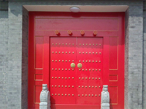 五龙口镇中国传统四合院系列朱红色中式木制大门木作